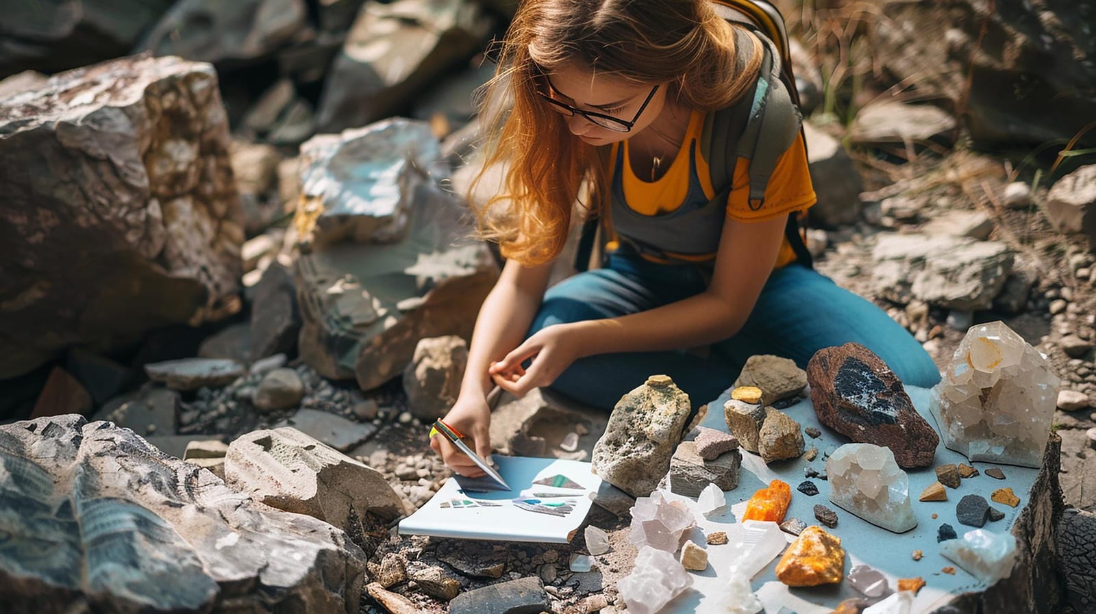 Geólogo organiza amostras de minerais e cristais sobre uma prancha entre blocos de rocha.