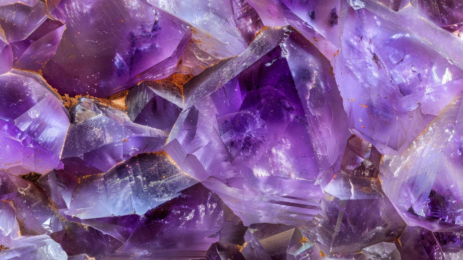 Close-up de um aglomerado de cristais de ametista violeta em uma geoda.