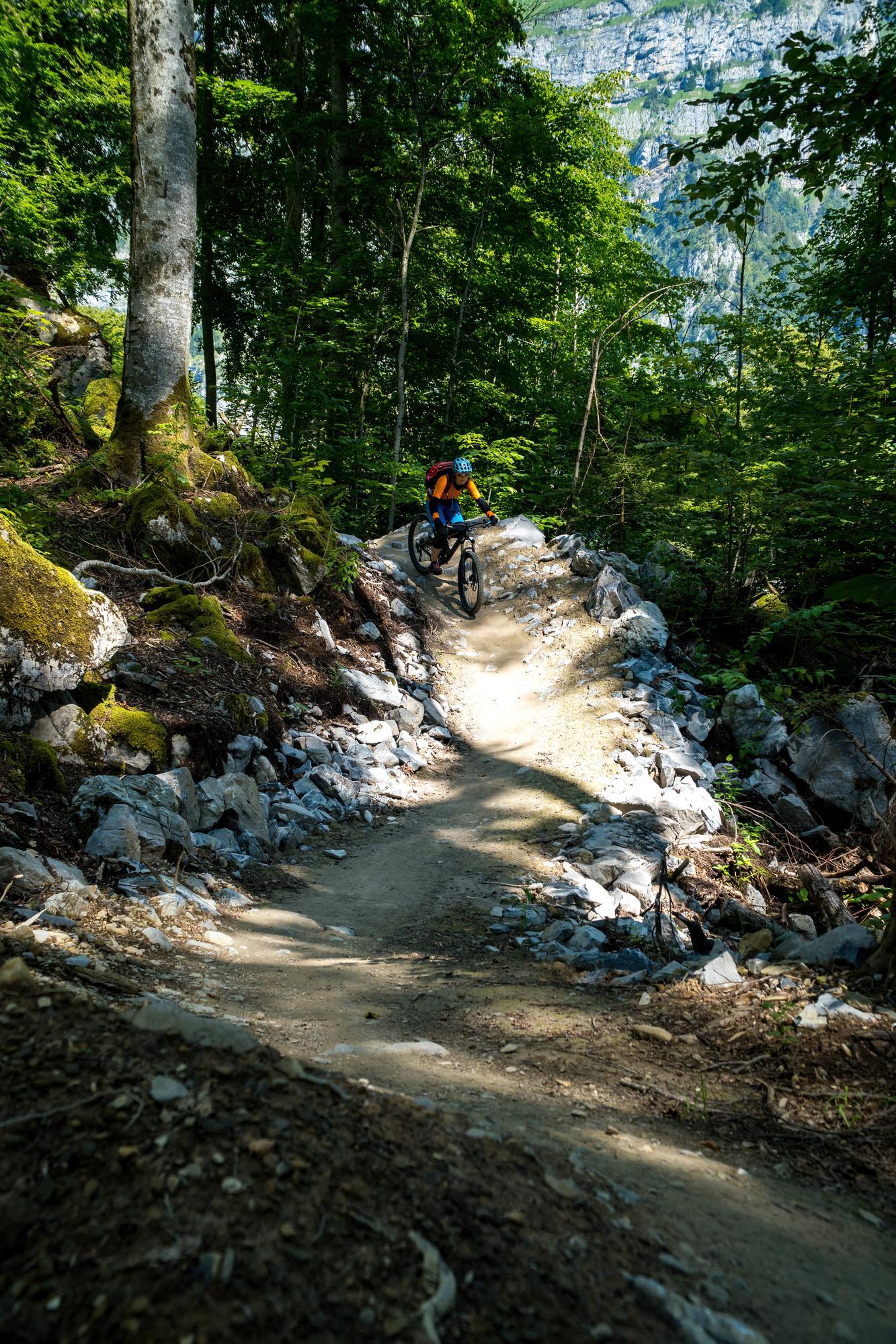 Ciclista desce uma trilha rochosa de floresta sob falésias calcárias.